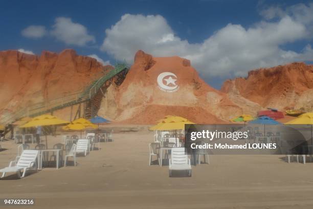 Famous tourist beach resort which symbol is the moon and star in May 2013 in Canoa Quebrada, Brazil.