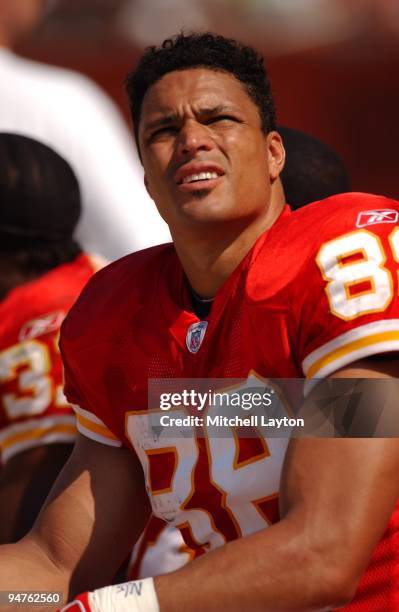 Tony Gonzalez of the Kansas City Chiefs looks on during a NFL football game against the Cleveland Browns on September 8, 2002 at Cleveland Municipal...