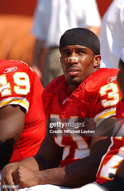 Priest Holmes of the Kansas City Chiefs looks on during a NFL football game against the Cleveland Browns on September 8, 2002 at Cleveland Municipal...