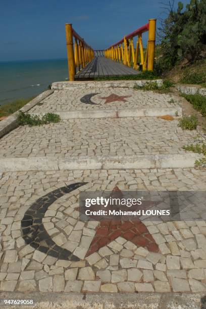 Famous tourist beach resort which symbol is the moon and star in May 2013 in Canoa Quebrada, Brazil.