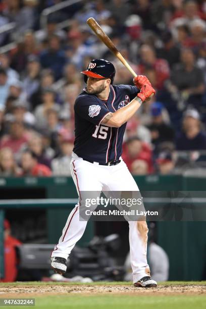 Matt Adams of the Washington Nationals prepares for a pitch during a baseball game against the Colorado Rockies at Nationals Park on April 12, 2018...