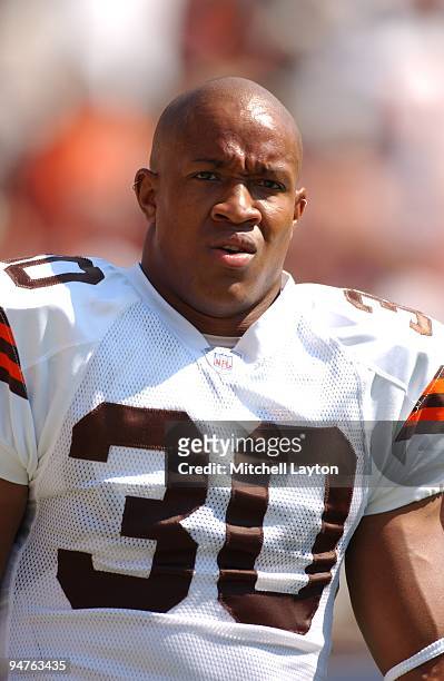 Jamel White of the Cleveland Browns looks on before a NFL football game against the Kansas City Chiefs on September 8, 2002 at Cleveland Municipal...