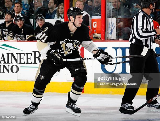 Jordan Staal of the Pittsburgh Penguins skates against the Philadelphia Flyers on December 15, 2009 at Mellon Arena in Pittsburgh, Pennsylvania.