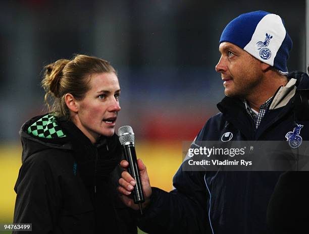 German women's national team football player Simone Laudehr is interviewed during the half time of the Second Bundesliga match between MSV Duisburg...