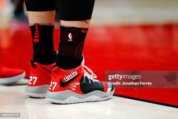 The shoes of Jusuf Nurkic of the Portland Trail Blazers agianst of the Utah Jazz at Moda Center on April 11, 2018 in Portland, Oregon.NOTE TO USER:...