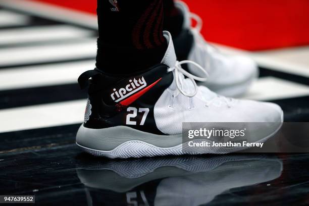 The shoes of Jusuf Nurkic of the Portland Trail Blazers agianst of the Utah Jazz at Moda Center on April 11, 2018 in Portland, Oregon.NOTE TO USER:...