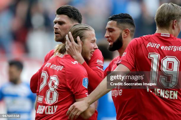 Jeroen van der Lely of FC Twente celebrates 1-0 with Danny Holla of FC Twente, Adnane Tighadouini of FC Twente during the Dutch Eredivisie match...