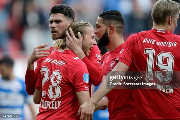 Jeroen van der Lely of FC Twente celebrates 1-0 with Danny Holla of FC Twente, Adnane Tighadouini of FC Twente, Fredrik Jensen of FC Twente during...