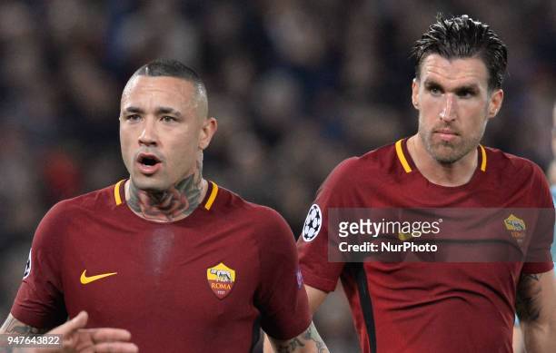 Kevin Strootman and Radja Nainggolan during the UEFA Champions League quarter final match between AS Roma and FC Barcelona at the Olympic stadium on...