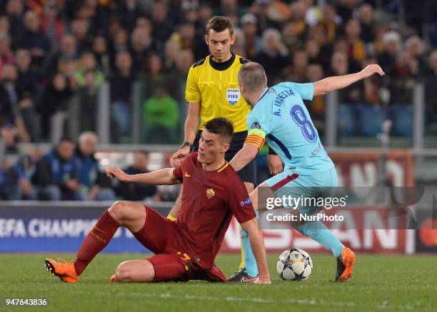 Patrik Schick and Andres Iniesta during the UEFA Champions League quarter final match between AS Roma and FC Barcelona at the Olympic stadium on...