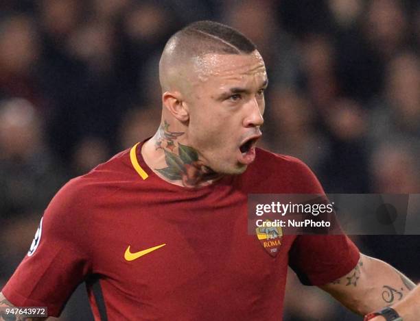 Radja Nainggolan during the UEFA Champions League quarter final match between AS Roma and FC Barcelona at the Olympic stadium on April 10, 2018 in...