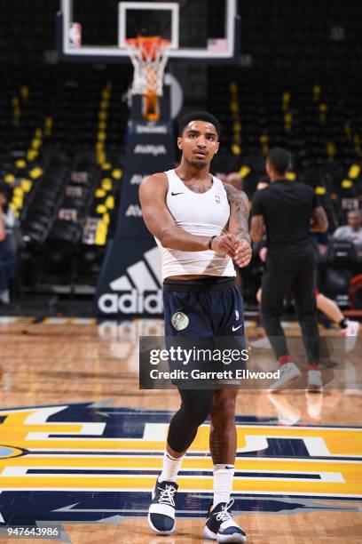 Gary Harris of the Denver Nuggets looks on before the game against the Portland Trailblazers on APRIL 9, 2018 at the Pepsi Center in Denver,...