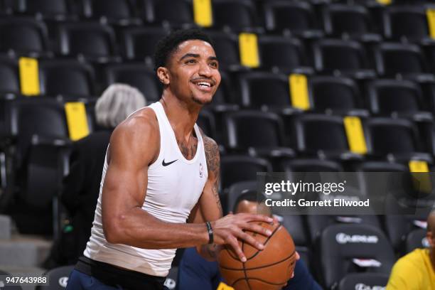 Gary Harris of the Denver Nuggets warms up before the game against the Portland Trailblazers on APRIL 9, 2018 at the Pepsi Center in Denver,...