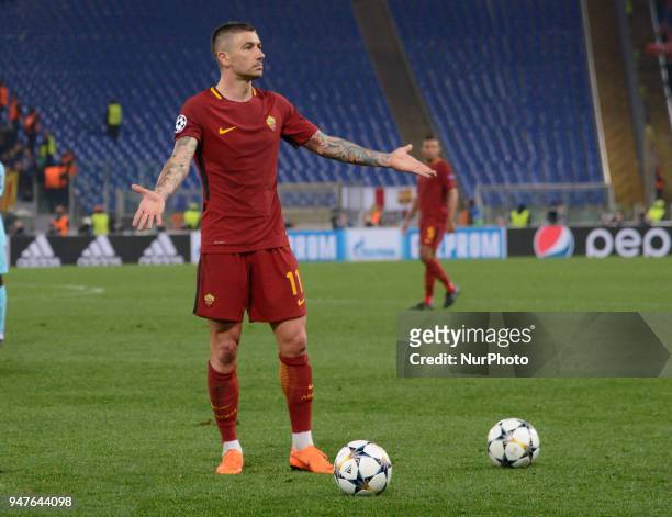Aleksandar Kolarov during the UEFA Champions League quarter final match between AS Roma and FC Barcelona at the Olympic stadium on April 10, 2018 in...