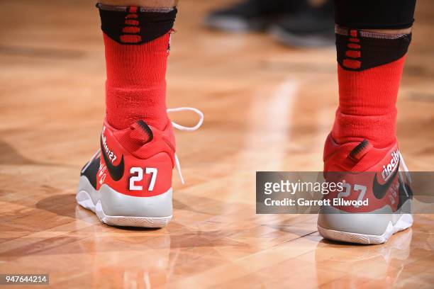 Sneakers of Jusuf Nurkic of the Portland Trail Blazers during the game against the Denver Nuggets on APRIL 9, 2018 at the Pepsi Center in Denver,...