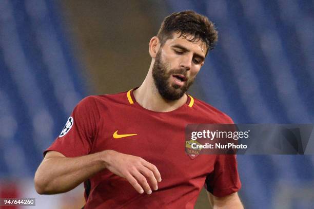 Federico Fazio during the UEFA Champions League quarter final match between AS Roma and FC Barcelona at the Olympic stadium on April 10, 2018 in...