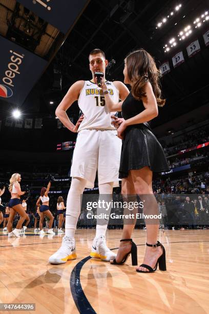 Nikola Jokic of the Denver Nuggets speaks with the media after the game against the Portland Trail Blazers on APRIL 9, 2018 at the Pepsi Center in...