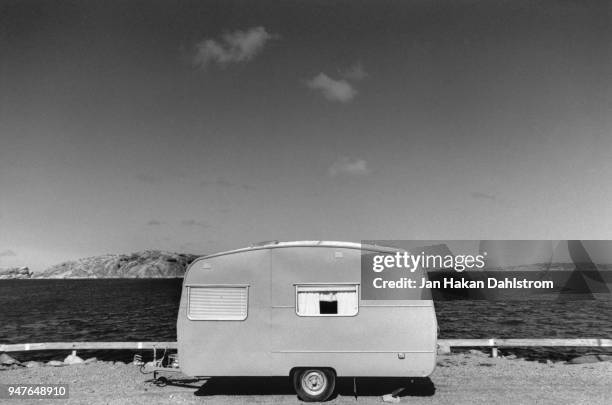 caravan parked by the sea - varberg stock pictures, royalty-free photos & images