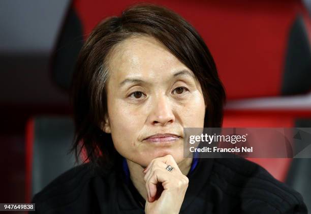Head coach of Japan, Asako Takemoto looks on during the AFC Women's Asian Cup semi final match between China and Japan at the King Abdullah II...