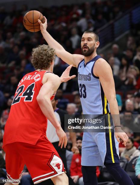 Marc Gasol of the Memphis Grizzlies looks to pass against Lauri Markkanen of the Chicago Bulls at the United Center on March 7, 2018 in Chicago,...