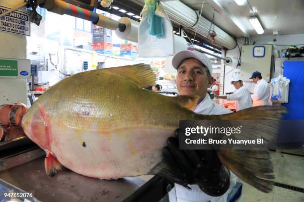 a fishmonger in paloquemao market - paloquemao stock pictures, royalty-free photos & images