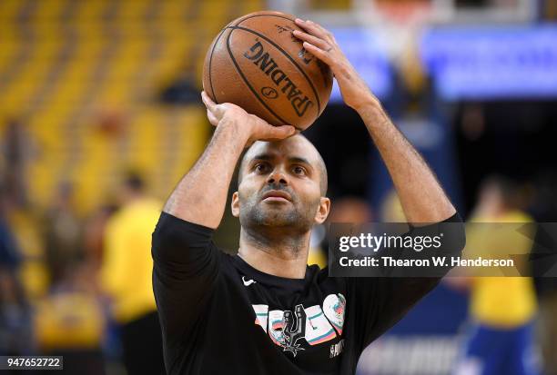 Tony Parker of the San Antonio Spurs warms up prior to playing the Golden State Warriors in Game One of the first round of the 2018 NBA Playoff at...