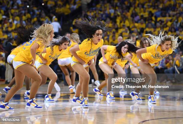 The Golden State Warriors Dance Team performs during Game One of the first round of the 2018 NBA Playoff against the San Antonio Spurs at ORACLE...