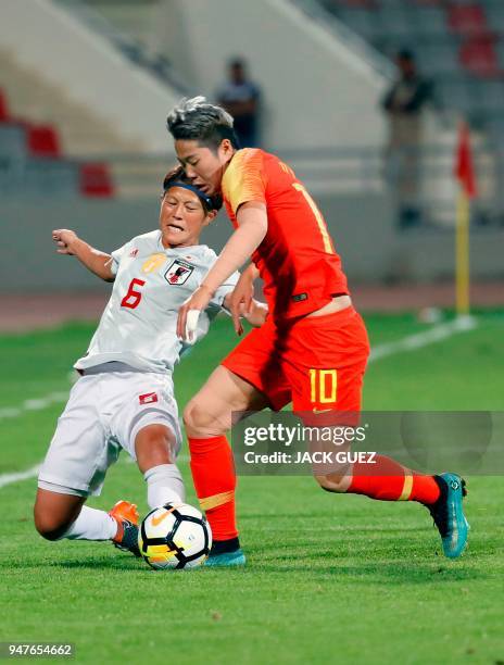 Japan's midfielder Saori Ariyoshi vies for the ball with China's forward Ying Li during the AFC Women's Asian Cup Semi Final match between Japan and...