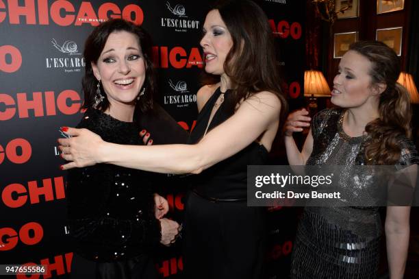 Ruthie Henshall, Josefina Gabrielle and Sarah Soetaert attend the press night after party for "Chicago" at L'Escargot on April 11, 2018 in London,...