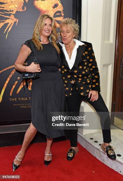 Penny Lancaster and Rod Stewart arrive at the press night performance of "Tina: The Tina Turner Musical" at the Aldwych Theatre on April 17, 2018 in...