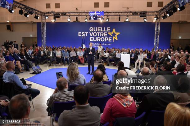 French president Emmanuel Macron speaks during the opening of a series of citizen's consultation meeting on Europe on April 17, 2018 in Epinal,...