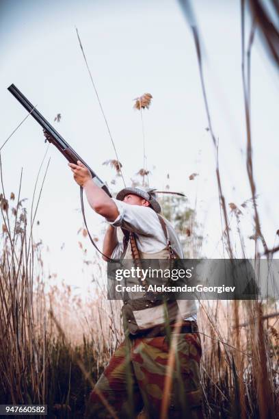 young hunter in action - gamebird stock pictures, royalty-free photos & images