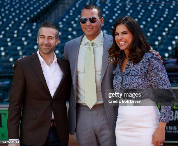 Former New York Yankees player and ESPN commentator Alex Rodriguez , Jessica Mendoza and Matt Vasgersian pose at Minute Maid Park on April 15, 2018...