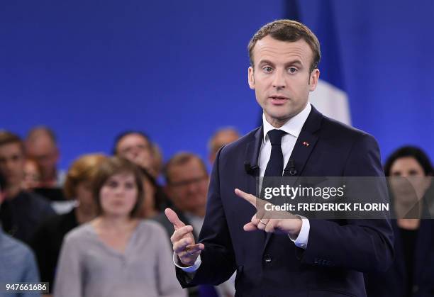 French president Emmanuel Macron speaks during the opening of a series of citizen's consultation meetings on Europe on April 17, 2018 in Epinal,...