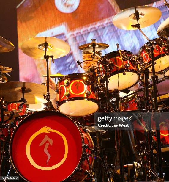 Neil Peart of Rush performs in concert at the Frank Erwin Center on April 23, 2008 in Austin, Texas.