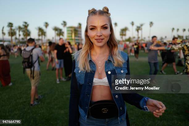 Patrizia Palme wearing a Gucci belt bag and complete Orsay outfit during day 1 of the 2018 Coachella Valley Music & Arts Festival Weekend 1 on April...