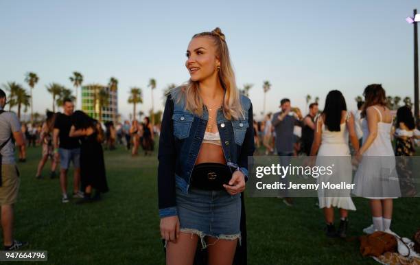 Patrizia Palme wearing a Gucci belt bag and complete Orsay outfit during day 1 of the 2018 Coachella Valley Music & Arts Festival Weekend 1 on April...