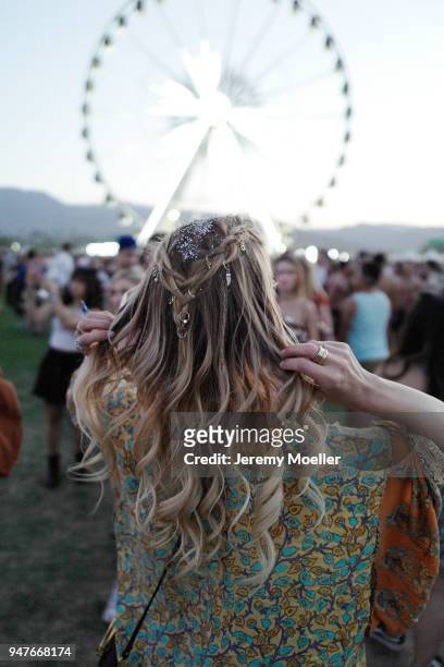 Leonie Hanne wearing Spell & the Gypsy dress during day 1 of the 2018 Coachella Valley Music & Arts Festival Weekend 1 on April 13, 2018 in Indio,...