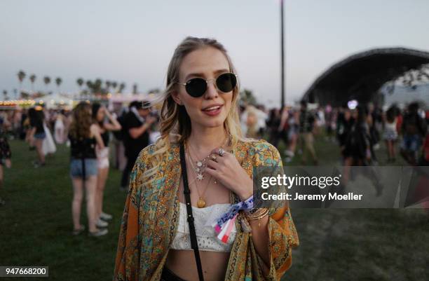 Leonie Hanne wearing Spell & the Gypsy dress during day 1 of the 2018 Coachella Valley Music & Arts Festival Weekend 1 on April 13, 2018 in Indio,...