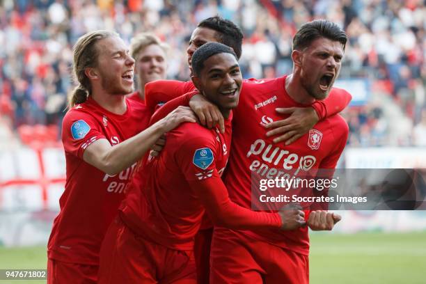 Michael Maria of FC Twente celebrates 2-0 with Jeroen van der Lely of FC Twente, Danny Holla of FC Twente during the Dutch Eredivisie match between...