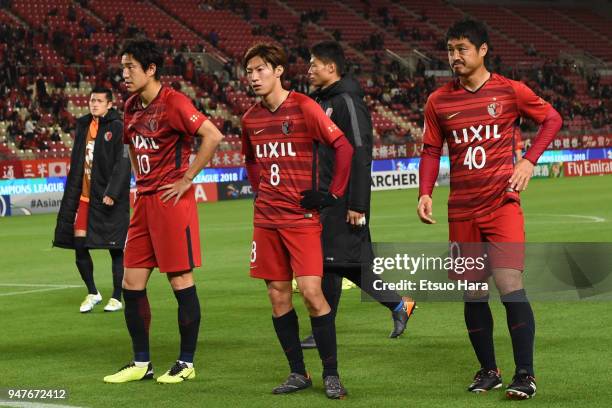 Players of Kashima Antlers react after the AFC Champions League Group H match between Kashima Antlers and Suwon Samsung Bluewings at Kashima Soccer...
