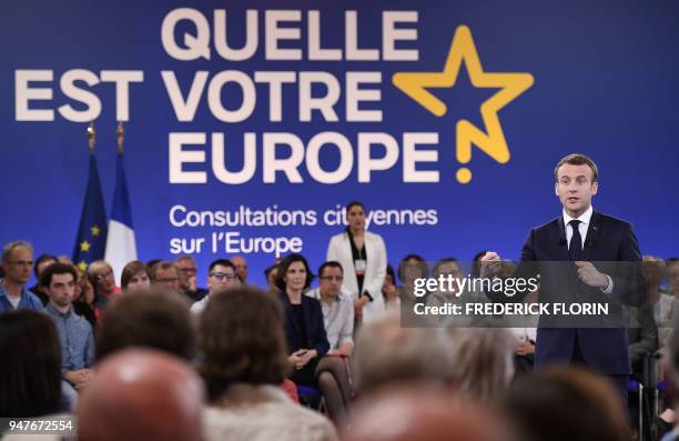 French president Emmanuel Macron speaks during the opening of a series of citizen's consultation meetings on Europe on April 17, 2018 in Epinal,...