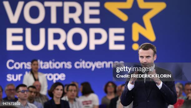 French president Emmanuel Macron speaks during the opening of a series of citizen's consultation meetings on Europe on April 17, 2018 in Epinal,...