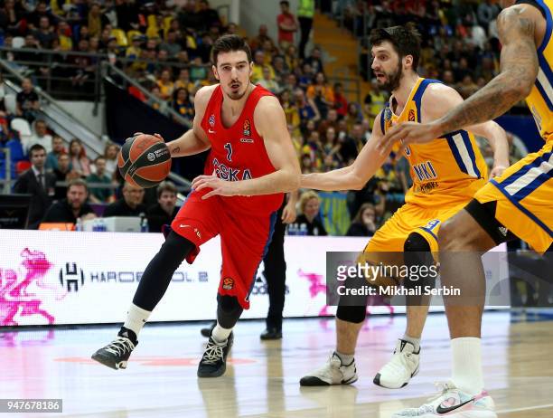 Nando de Colo, #1 of CSKA Moscow competes with Stefan Markovic, #9 of Khimki Moscow Region in action during the Turkish Airlines Euroleague Play Offs...