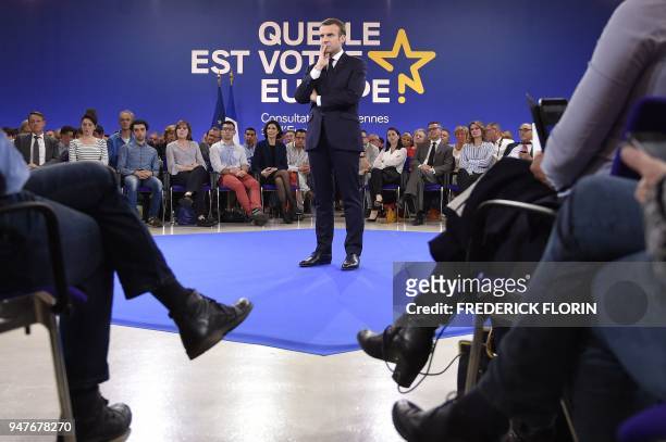 French president Emmanuel Macron ponders as he speaks during the opening of a series of citizen's consultation meetings on Europe on April 17, 2018...
