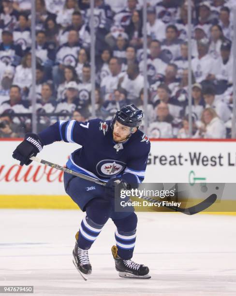 Ben Chiarot of the Winnipeg Jets follows the play down the ice during first period action against the Minnesota Wild in Game Two of the Western...