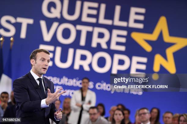 French president Emmanuel Macron speaks during the opening of a series of citizen's consultation meetings on Europe on April 17, 2018 in Epinal,...