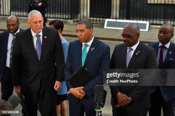 Jamaicas Prime Minister Andrew Holmes speaks to the media after he attended a meeting with Theresa May to discuss the Windrush generation...