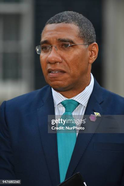 Jamaicas Prime Minister Andrew Holmes speaks to the media after he attended a meeting with Theresa May to discuss the Windrush generation...