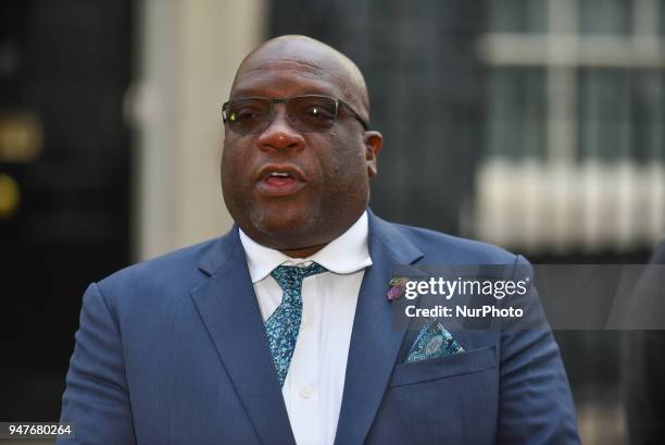 St Kitts and Nevis Foreign Minister Dennis Moses speaks to the media outside 10 Downing Street, on the sidelines of the Commonwealth Heads of...